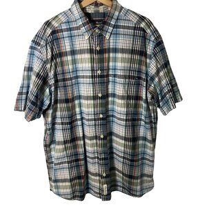 Eddie Bauer Indian Madras Plaid Button Up Shirt Men XLT Blue Short Sleeve